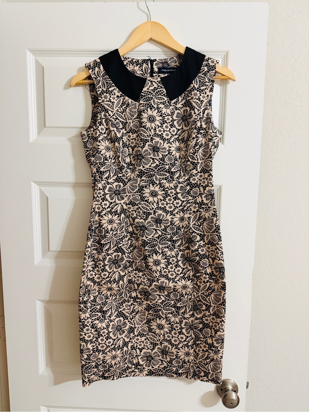 French Connection Beige Dress with Black Floral Lace and Black Collar